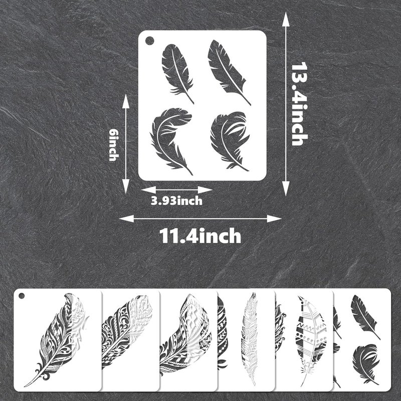 YKW Feather Stencils for Painting, 6 Pack Reusable Boho Feather Templates, DIY Art Supplies for Wall Decor, Fabric, Wood, Canvas - Tribal Bohemian Craft Stencil Set,Mandala Style Fusion - Image 2
